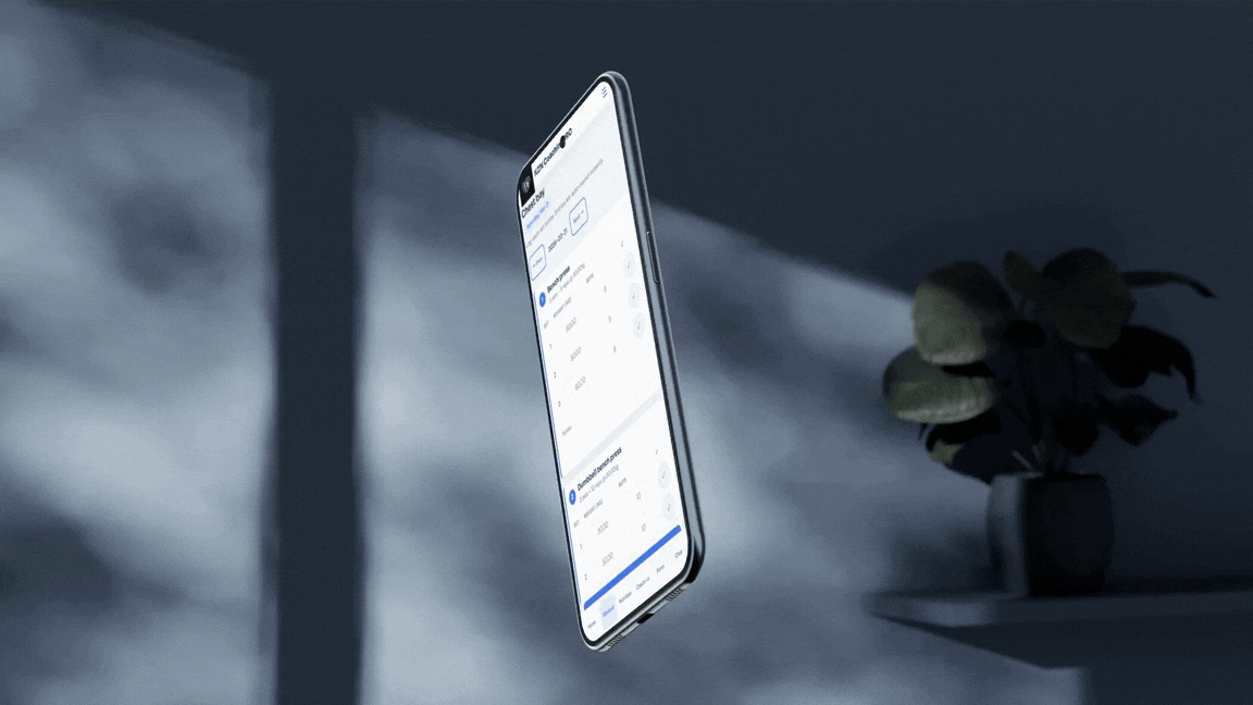 Client mobile app interface — workout logging, nutrition cards and check-ins