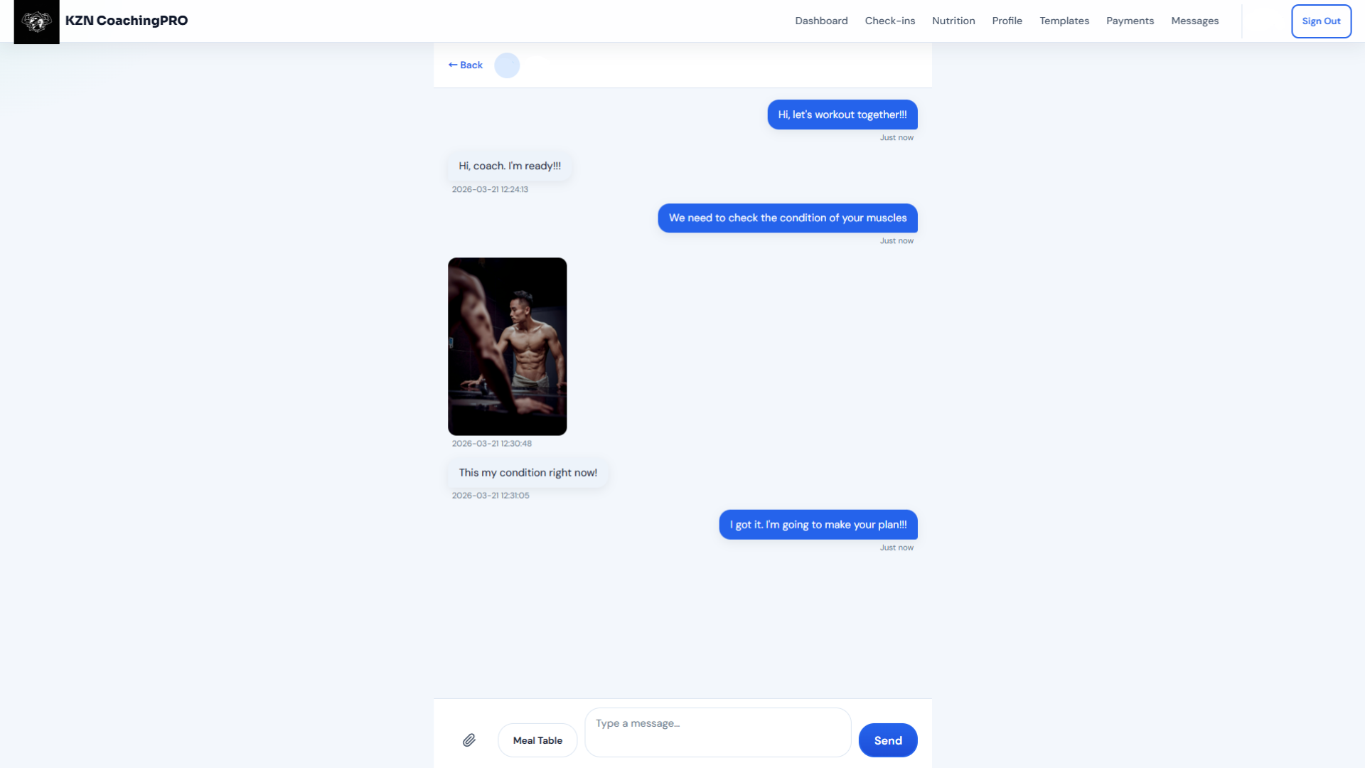 Structured coach-to-client messaging interface for accountability and updates