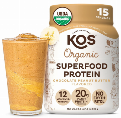 KOS Organic Plant Based Protein Powder, Chocolate Peanut Butter - Delicious Vegan Protein Powder