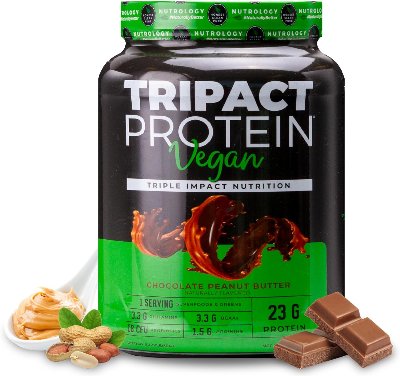 Nutrology TRIPACT Vegan Protein Powder - Organic Pea, Rice & Pumpkin Protein, BCAAs & Glutamine Plant-Based Meal Replacement Shakes for Muscle Recovery & Immunity, Chocolate Peanut Butter